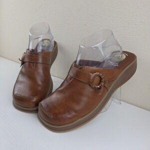 Earth Shoe Tyler Brown Leather Slip On Mules Gelron 2000 Comfort Wedge Womens 8